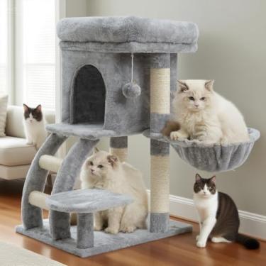 Imagem de Heybly Torre de árvore para gatos, condomínio para gatos em ambientes internos, casa para gatos com poleiro largo de pelúcia, escada, cesta, postes de arranhar cobertos de sisal, centro de atividades