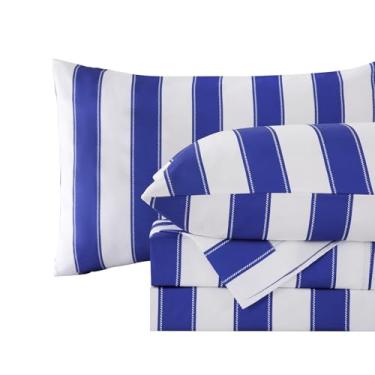 Imagem de MCO Conjunto de lençóis listrados de 4 peças, conjunto de lençol completo respirável com bolso profundo de 41 cm, moderno e luxuoso, conjunto de cama de microfibra escovada (casal, azul marinho)