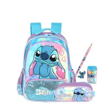 Imagem de Kit Mochila Costas E Estojo Triplo Stitch Kids Holográfico - Luxcel, A
