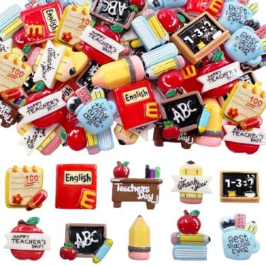 Imagem de Amuletos de resina de volta às aulas, 30 peças de materiais escolares, lindos pingentes de professor de desenho animado, lápis de resina, enfeites de papelaria de maçã para clipes de cabelo, capa de