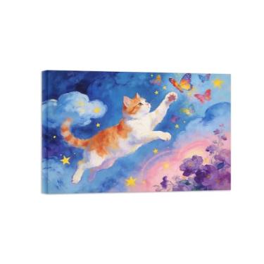 Imagem de Impressão em tela de arte de parede animal - Gato no céu - Pintura de decoração moderna - Imagens para casa pronta para pendurar tela emoldurada 50 x 75 cm 20 x 30 polegadas