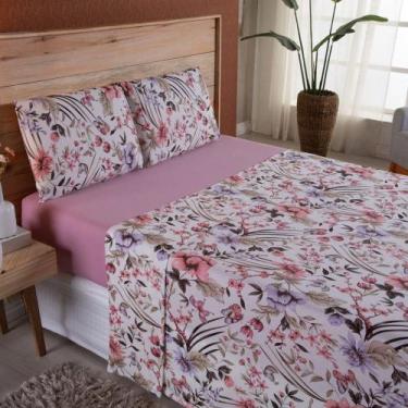 Imagem de Lençol Queen em Malha fio Penteado Algodão 4 Peças - Rosê - 100% Algod