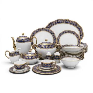 Imagem de Jogo de Aparelho de Jantar em Porcelana Azul, Branco e Dourado 62 Peça