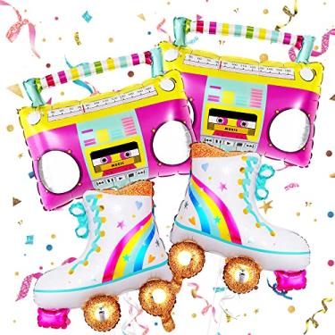 Imagem de Balão grande, boombox e patins – 55 cm, decorações de festa de patins | Balões de patins para decorações de festa dos anos 80 | Decoração de festa de hip hop | Decorações de festa de aniversário de patins