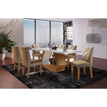 Imagem de Conjunto Sala De Jantar Mesa Islândia 180x80cm Tampo Vidro/mdf Canto Reto Com 6 Cadeiras Irlanda Rufato Off