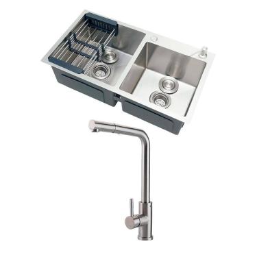 Imagem de Kit Cuba para Cozinha Awá e Torneira Misturador Monocomando Extensível Gurupi - Prata