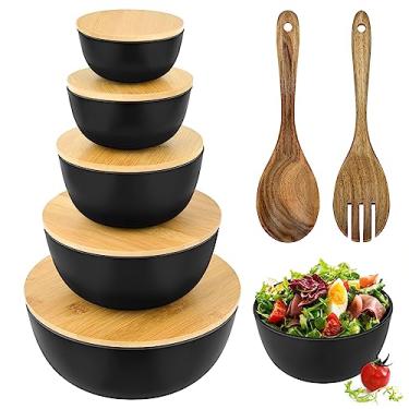 Imagem de LIANGMIDA Conjunto de 5 tigelas de salada grandes com tampas de madeira, conjunto de tigelas de mistura com 1 colher de salada de madeira e 1 garfo de salada, conjunto de tigelas de servir de fibra de