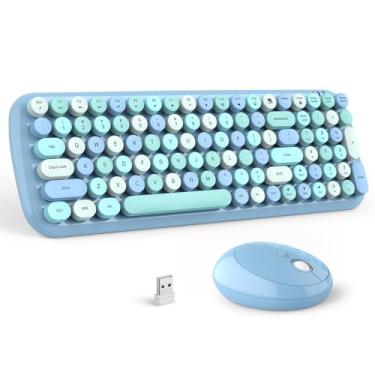 Imagem de Combo de teclado e mouse sem fio – Teclado redondo colorido azul lago GEEZER 100 teclas – Receptor USB 2.4G Plug Play Teclados de máquina de escrever para Windows, PC, laptop, desktop