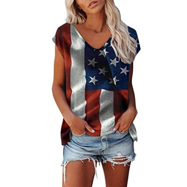 Imagem de Camisetas femininas de 4 de julho casual, vermelha, branca, azul, manga cavada, gola V, túnica patriótica do Dia da Independência, Vermelho, XXG