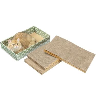 Imagem de MECOOL Placa para arranhar gatos, 3 peças com caixa para arranhar gatos, papelão ondulado reversível e cama de descanso para gatos em ambientes internos, erva de gato