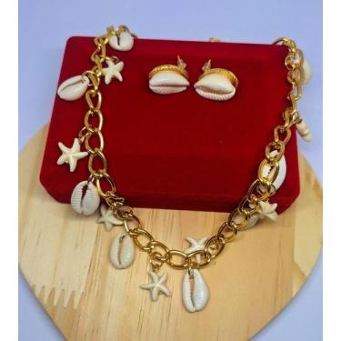 Imagem de kit Colar e Brincos Choker Buzios Berloques Estrela do Mar Concha folh