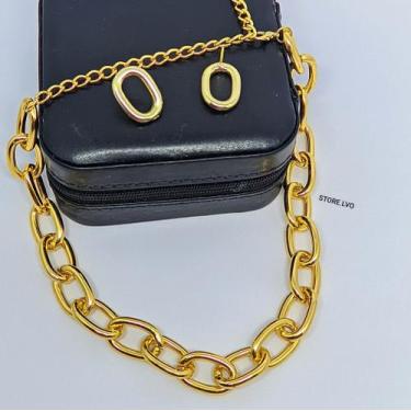 Imagem de Kit Colar e Brincos Choker Corrente Elos Grosso Folheado Ouro Elo Gran