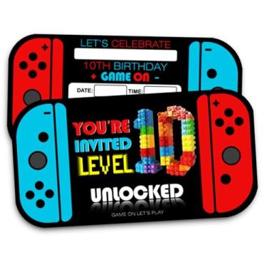 Imagem de XIAOPNN Convite de festa de aniversário de 10 anos de videogame para meninos, suprimentos de festa de aniversário de 10 anos, 30 cartões com 30 envelopes