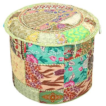 Imagem de Bolsa de mão Stylo Culture étnica otomana para sala de estar redonda patchwork bordado bolacha verde algodão floral tradicional móveis assento Puff (18x18x13) Bean Bag Home Decor