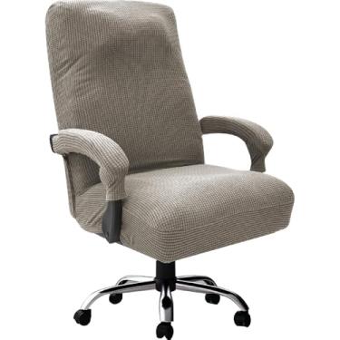 Imagem de Capa elástica para cadeira de escritório com apoio de braço, capas giratórias para cadeira giratória, jogos de computador, cáqui, tamanho M