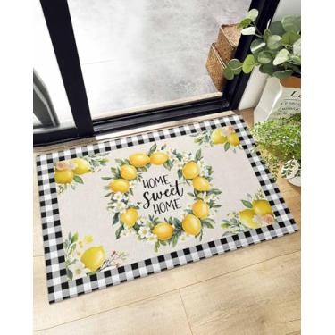 Imagem de Capacho interno verão limão floral em linho, tapete felpudo com forro antiderrapante vintage preto branco xadrez buffalo, lavável na máquina, tapete de pelúcia para cozinha, berçário, quarto