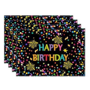 Imagem de XCHI Jogo americano colorido de confetes de fogos de artifício de feliz aniversário, conjunto de 4 tapetes de mesa, decorações de mesa 30 x 45 cm