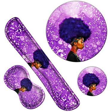 Imagem de Mouse pad com teclado ergonômico, gel com espuma viscoelástica e mouse pad redondo + porta-copos, conjunto de suporte de pulso com base antiderrapante para jogos, escritório, laptop, fácil digitação e alívio da dor, roxo africano menina