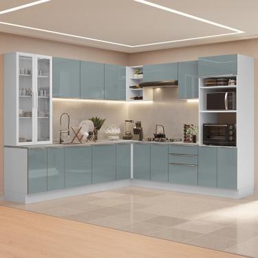 Imagem de Cozinha Completa Lux 16 Portas 3 Gavetas MDF 566cm Branco-Cinza com Cristaleira