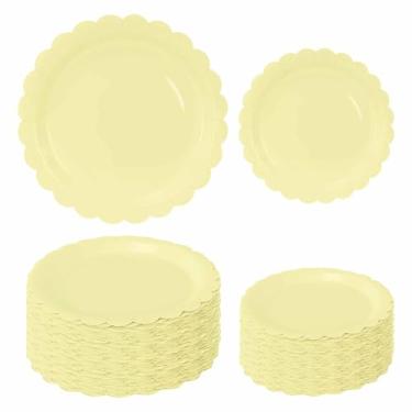 Imagem de FALIZIFU 50 peças de pratos de papel recortados amarelos 63 cm x 18 cm e 63 x 23 cm pratos de jantar descartáveis amarelos recortados para chá de bebê, festa de aniversário, prato de sobremesa