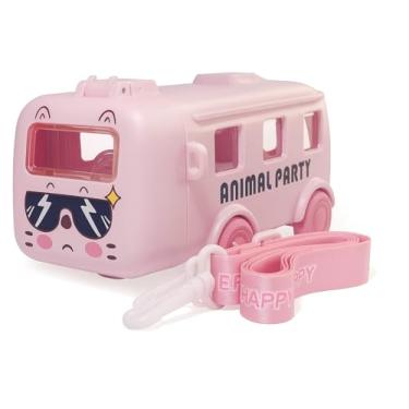 Imagem de Garrafa Infantil 560ml com Canudo Retrátil Formato Ônibus – Estampa Rosa Divertida e Alça de Transporte