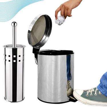 Imagem de Lixeira Cesto De Lixo Com Pedal 3 Litros Inox E Vassoura Privada Inox 