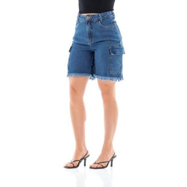 Imagem de Jorts Jeans Feminino Arauto Cargo Less Water - Arauto Jeans, Azul médi