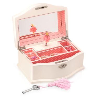 Imagem de Caixa de joias Elle – Organizador de joias de bailarina e caixa de música de corda do Lago dos Cisnes para meninas e adolescentes, acessórios e armazenamento de madeira com fechadura e espelho
