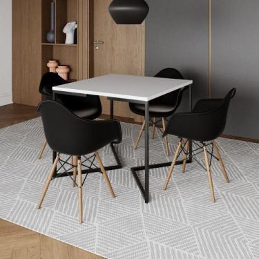 Imagem de Mesa Jantar Industrial Quadrada Branca 90Cm Base V Ferro Preto Com 4 P