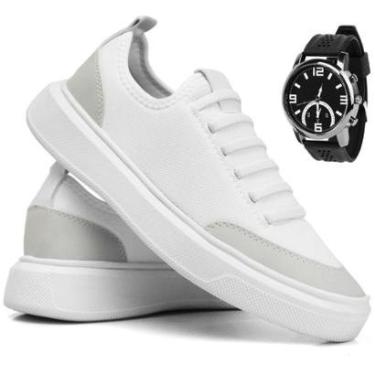 Imagem de Tênis Branco Casual Masculino Sapatênis Calce Facil Moda Estilo Leve Macio Confortável + Relógio-Masculino