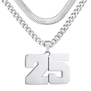 Imagem de Colar de número, colar em camadas para homens, colar com número de jérsei para menino atleta, corrente de aço inoxidável 45,7 cm + 50 cm para homens com pingente de número, colares com números de