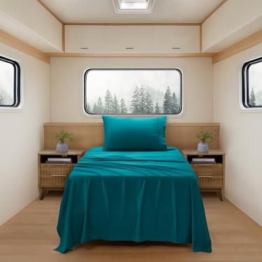 Imagem de Lençóis de acampamento tamanho solteiro – Conjunto de lençóis de colchão de ar ao ar livre – Alças de canto embutidas para uso em colchão de ar e acampamento – Projetado para camas infláveis e festas