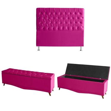 Imagem de Kit Estrela Cabeceira De Cama Box E Calçadeira Baú Pés Palito Botão Cristal Queen 160 Cm Suede Rosa Pink Do Lar Móveis