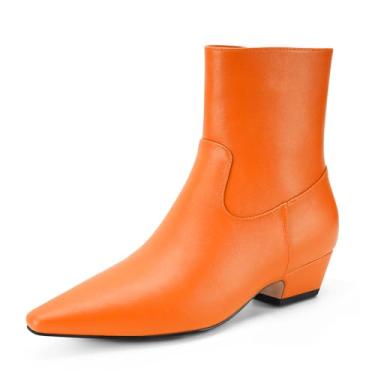 Imagem de Perisis Bota feminina de cano curto, bico fino, grosso, salto baixo, confortável, casual, com zíper lateral, PU laranja, 35