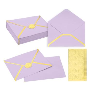 Imagem de PATIKIL 50 envelopes A7, envelopes de convite de borda dourada de 12,7 x 17,78 cm, envelopes de convites de casamento para casamento, formatura, aniversário, escritório, roxo claro