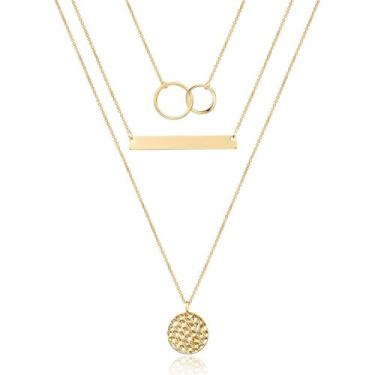 Imagem de Colar em camadas minimalista banhado a ouro 14K, conjunto de 3 peças para mulheres, gargantilha delicada com barra e pingente de disco - pérola/círculo interligado/contas - estilos de corrente