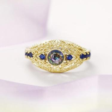 Imagem de Anéis de noivado de zircônia cúbica redonda multicolorida banhada a ouro branco com design oco vintage anéis de noivado alianças de compromisso, festas noturnas, presentes de dia dos namorados