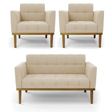 Imagem de Namoradeira Com 2 Poltronas Base De Madeira Castanho Elisa Suede D03 - D\'rossi Cor Bege