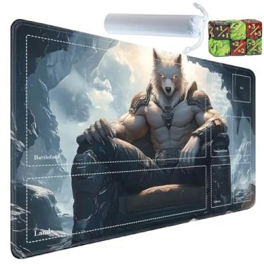 Imagem de Yuxcfhjfe Para tapete de cartas MTG com zonas - inclui uma bolsa de armazenamento e 6 dados, 61 x 35 cm para tapete TCG com borracha antiderrapante, tapete de jogo, lobo guerreiro