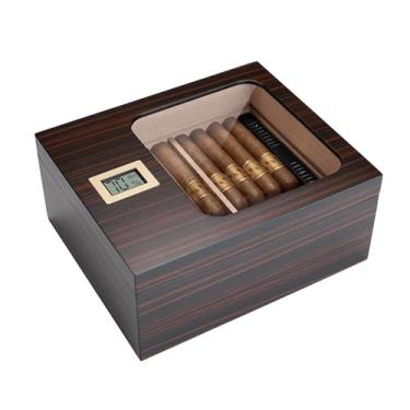 Imagem de Umidor de charuto, caixa de umidificador de charuto com higrômetro e umidificador umidificadores de charutos com tampa de vidro para 55 charutos umidificador de madeira de cedro acessório C