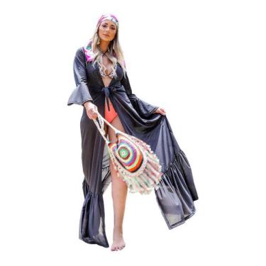 Imagem de Saída Praia Longa Manga Flare Barra Babado Plissado Amarrar - EUC STOR