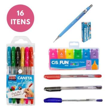 Imagem de Kit Material Escolar Canetas Gel Marca Texto Neon Cis Fundamental Médi