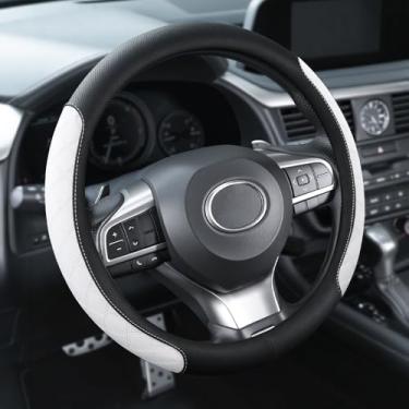 Imagem de JUSTTOP Capa de volante de carro, capa de volante de couro de 36.8 cm-38.1 cm | Protetor de roda de design xadrez diamante para homens e mulheres, acessórios antiderrapantes para carro, serve na