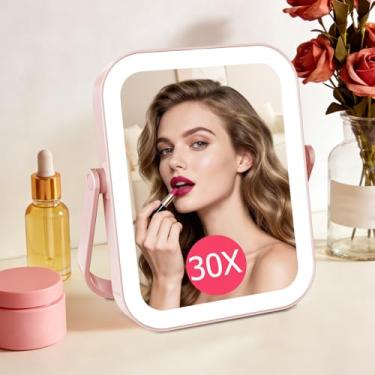 Imagem de FUNTOUCH Espelho de maquiagem de viagem com luzes, espelho de ampliação dupla face recarregável de 2000 mAh 10X/1X, espelho portátil de beleza LED, iluminação regulável em 3 cores, pendurado para mão