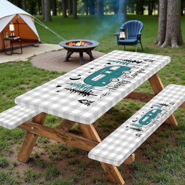 Imagem de Bcsewcg Capa de mesa de piquenique ajustada com capas de banco, bordas elásticas à prova d'água, toalha de mesa retangular para pátio, itens essenciais para acampamento ao ar livre, suprimentos de