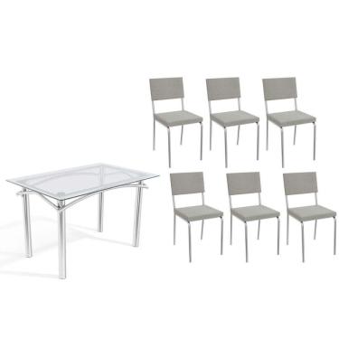 Imagem de Conjunto: Mesa Sala Jantar Elba C- Tampo De Vidro 120cm E 6 Cadeiras Zaria Cromada - Boucle Cinza - Kappesberg