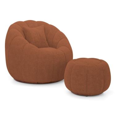 Imagem de Poltrona Decorativa Concha Giratória com Puff Estilo Abóbora Shell Bouclê Terracota - Abmaza