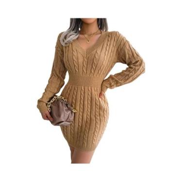 Imagem de Vestido De Suéter Tricotado De Manga Longa Com Decote Em V Para Mulher