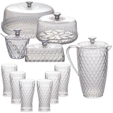 Imagem de Kit boleira baixa, queijeira, açucareiro, manteigueira, jarra e 6 copos de plástico Cristal incolor Plasutil