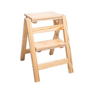 Imagem de Banquetas de cozinha Banqueta de madeira dobrável cadeira de escada de 2 camadas assento utilitário multifuncional, resistente e durável, leve, transportável, ideal para uso em cozinha, escritório,